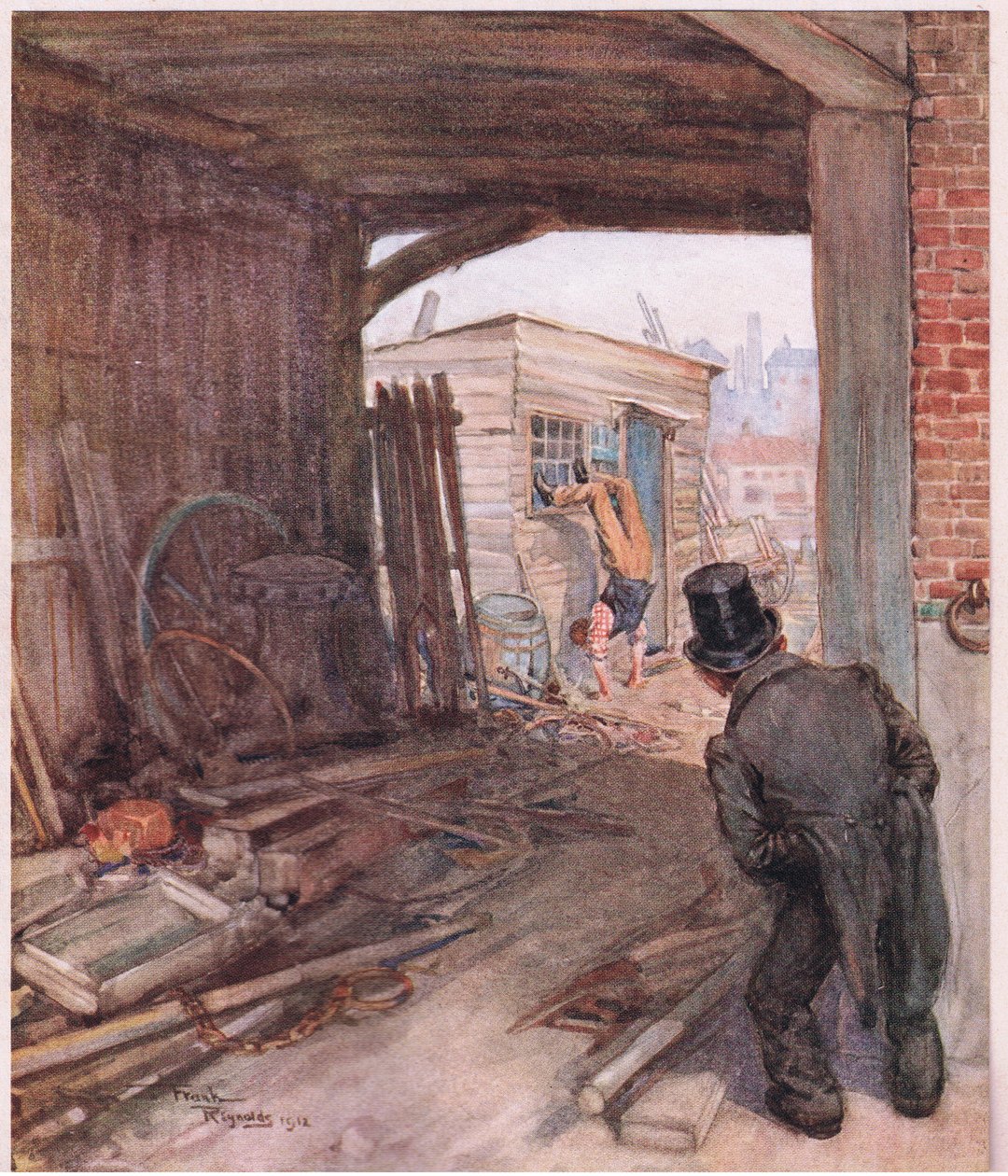 Da han ankom til sin destination, var det første, han så, et par meget ufuldstændigt skodde fødder i luften, ca. 1920 (farvelitografi). af Frank Reynolds