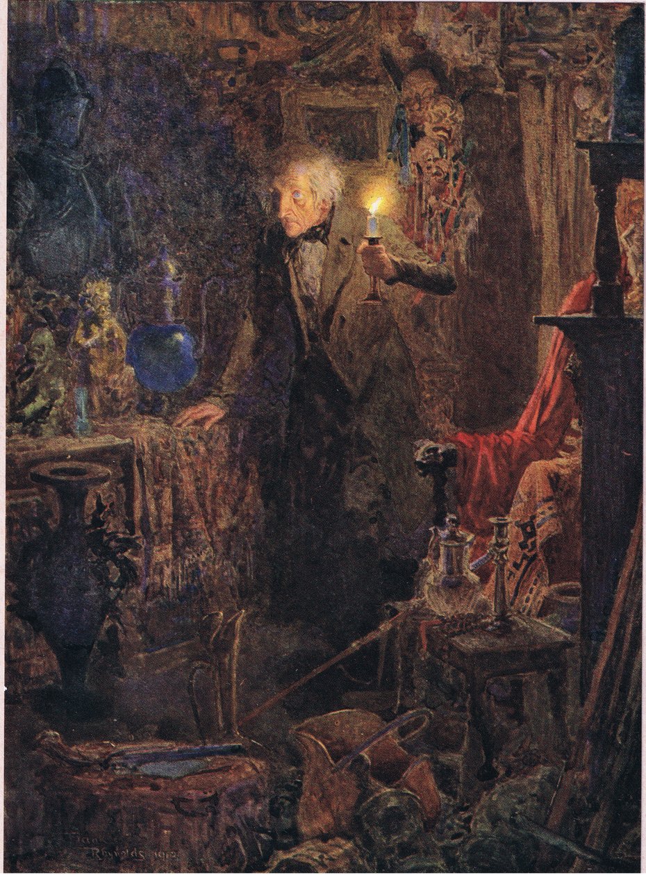 Han var en lille gammel mand med langt gråt hår, hvis ansigt og figur, da han holdt lyset over hovedet og så foran sig, ca. 1920 (farvelitografi) af Frank Reynolds