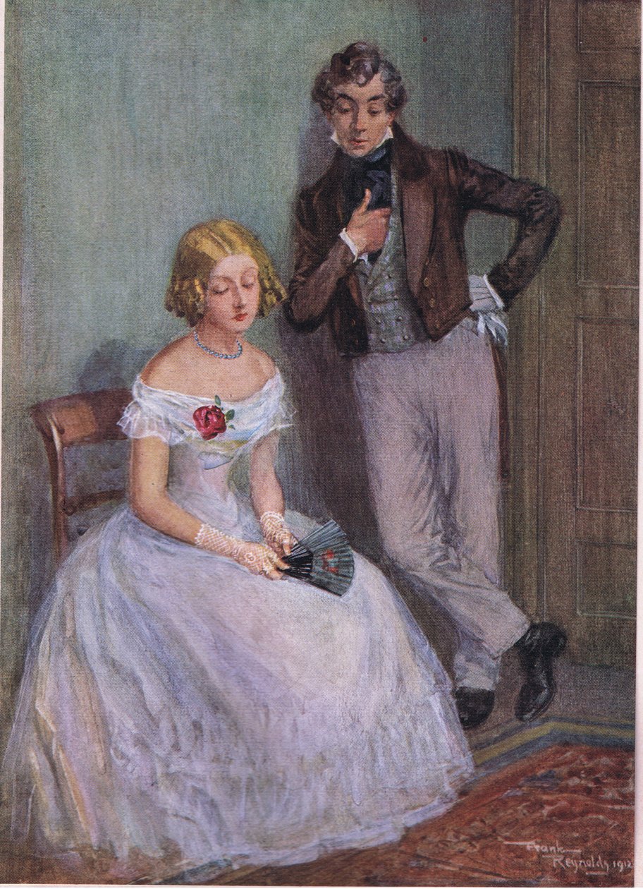 "Jeg er sikker på, at jeg ikke ved, hvad du mener, hr. Swiveller," sagde frøken Sophy med nedslagne øjne, ca. 1920 (farvelitografi). af Frank Reynolds