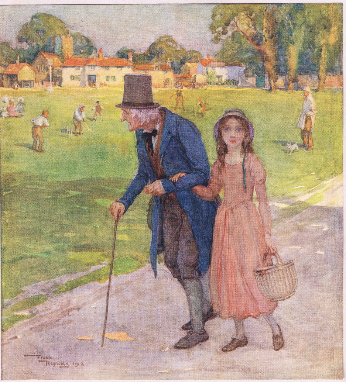 Det var et meget lille sted. Mændene og drengene spillede cricket på den grønne plæne, ca. 1920 (farvelitografi) af Frank Reynolds