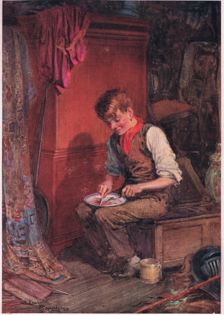 Kit bar en stor skive brød og kød ind i et hjørne, hvor han med stor iver kastede sig over det , ca. 1920 (farvelitografi) af Frank Reynolds