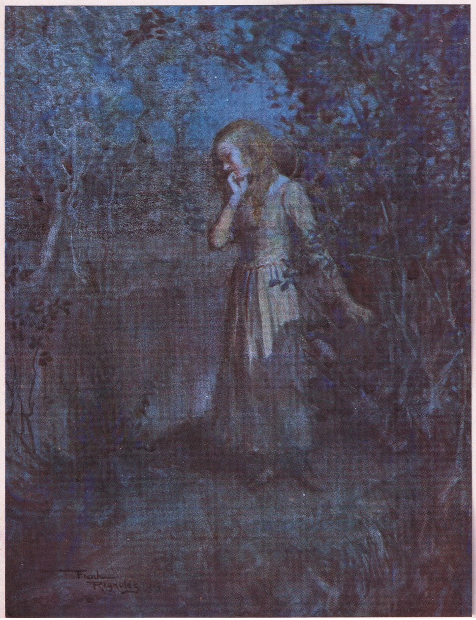 Lyset var blevet til mørke, og aftenen var blevet til nat, ca. 1920 (farvelitografi) af Frank Reynolds
