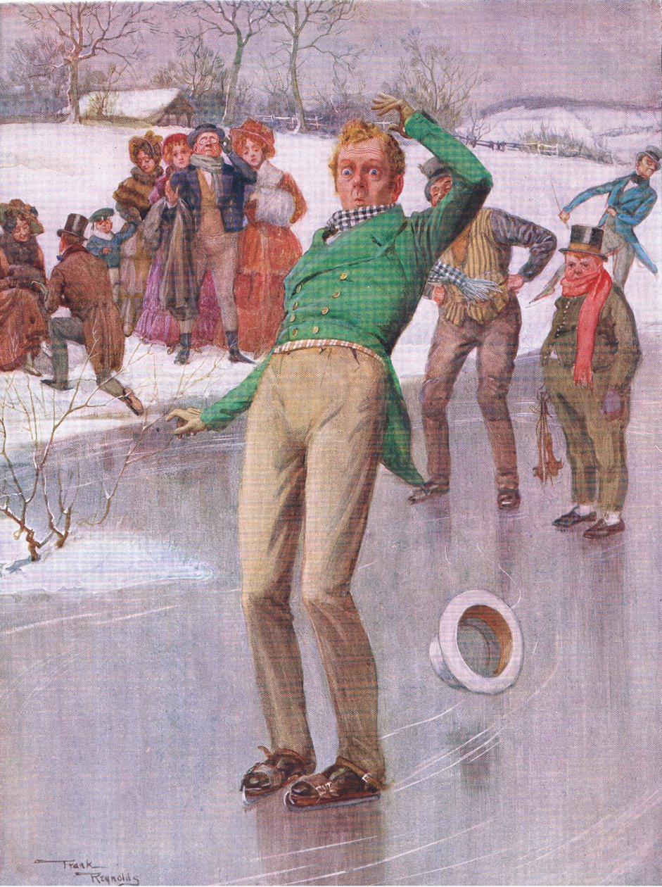 Hr. Winkle på isen (Pickwick Papers) (farvelitografi) af Frank Reynolds