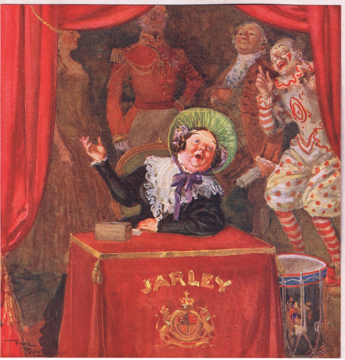 Fru Jarley sad i lønningsposen og klirrede sølvpenge fra middag til aften, ca. 1920 (farvelitografi) af Frank Reynolds