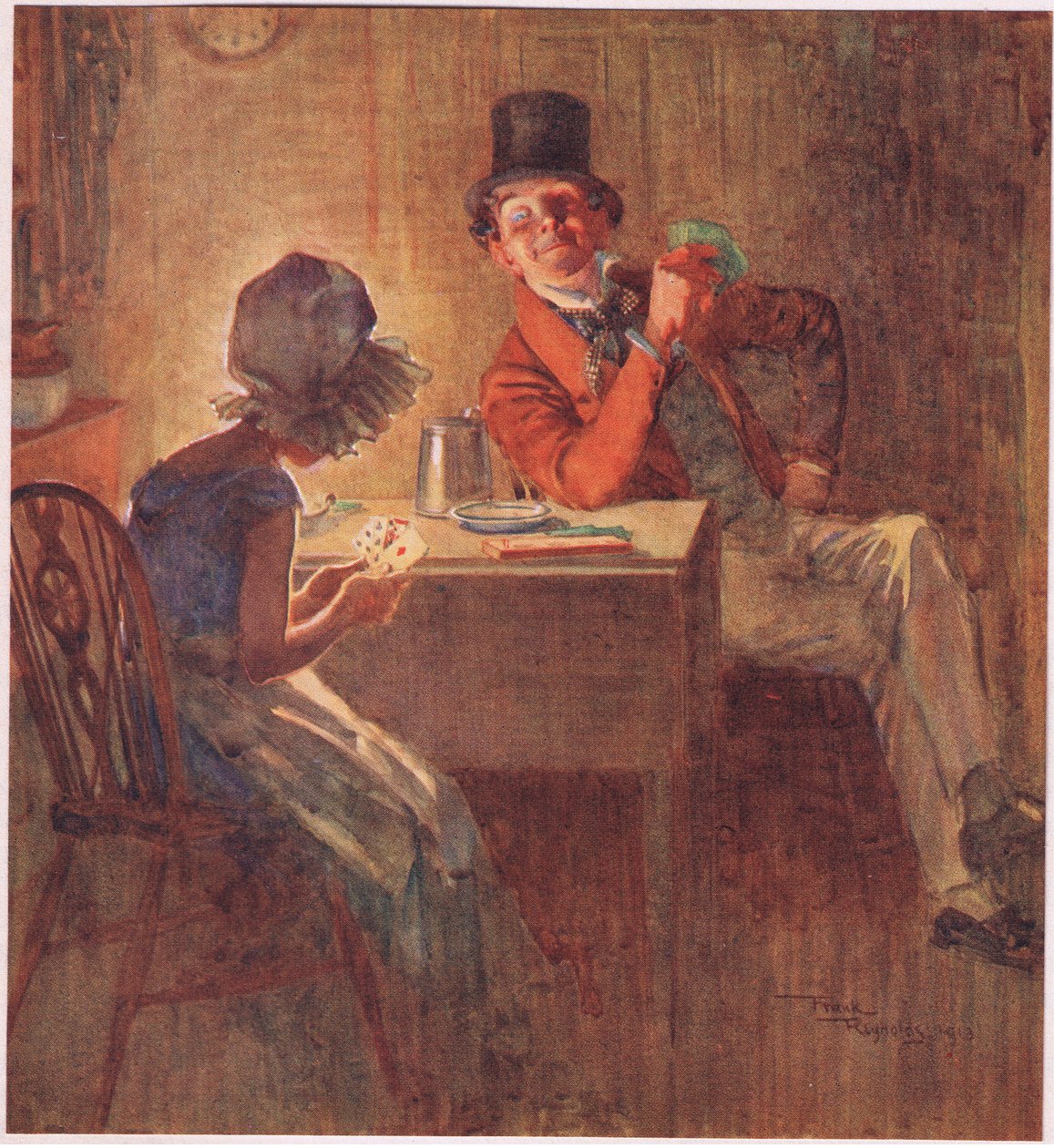 Marchionessen holder sine kort meget stramt i begge hænder og overvejer, hvilke hun skal spille, ca. 1920 (farvelitografi) af Frank Reynolds