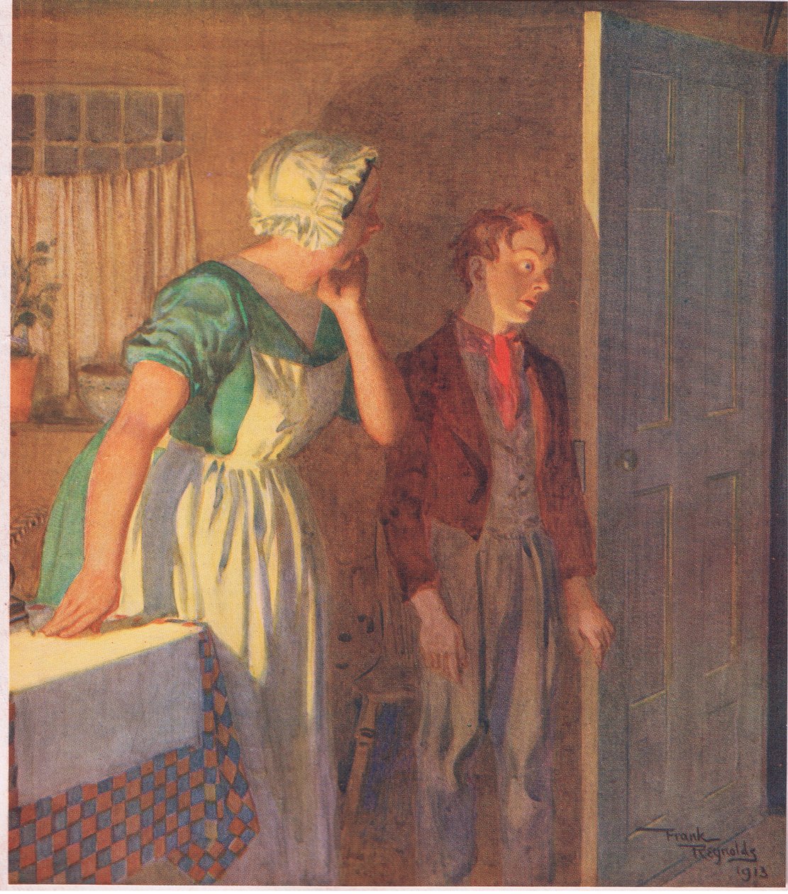 Barnet skyndte sig hen til døren og forsvandt lige så hurtigt, som hun var kommet, ca. 1920 (farvelitografi) af Frank Reynolds
