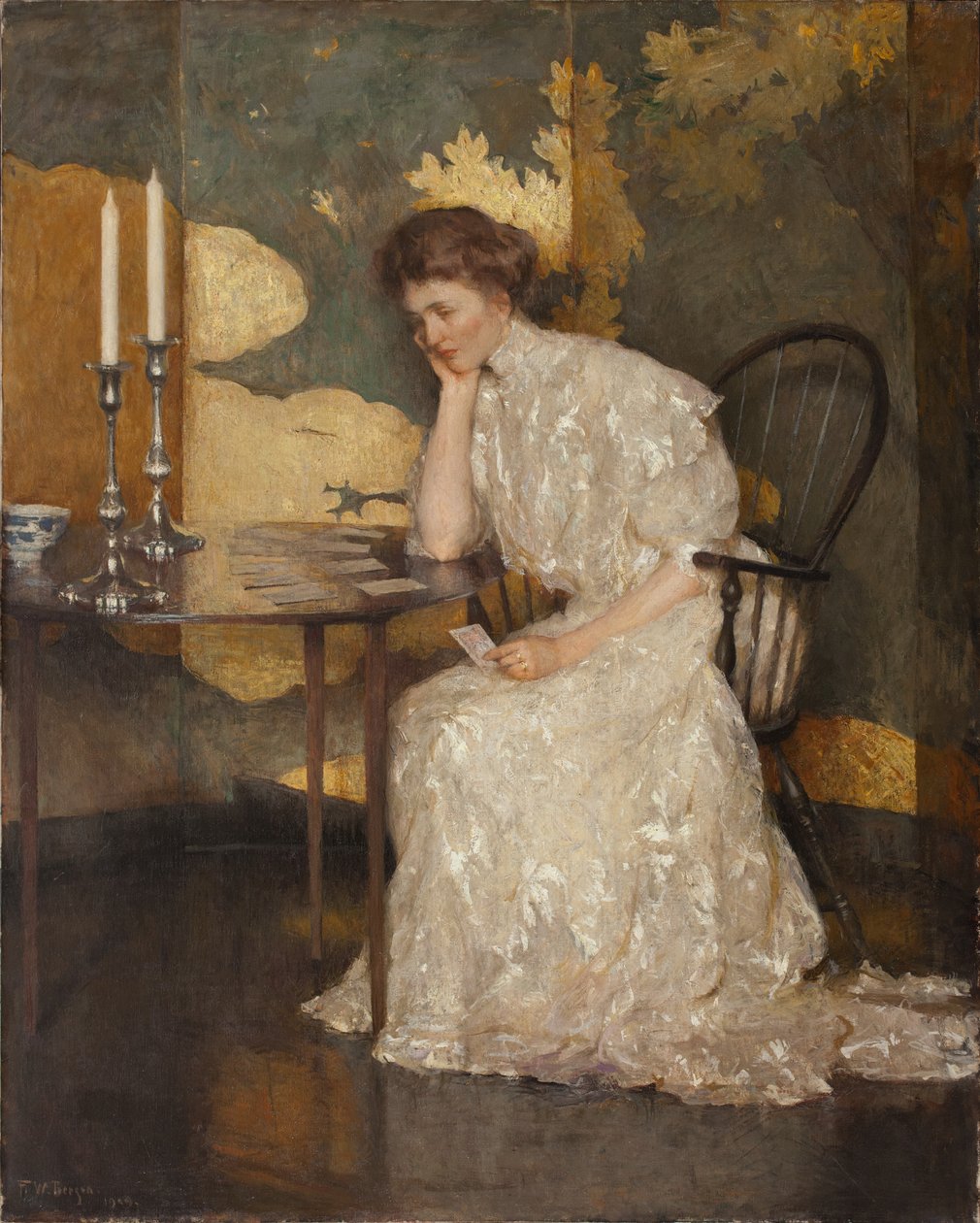 Pige leger med kabale (olie på lærred) af Frank Weston Benson