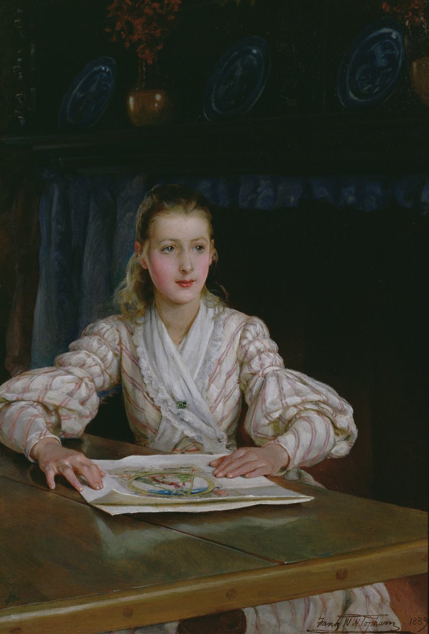 Ung pige ser på et tryk, 1889 af Frank William Warwick Topham