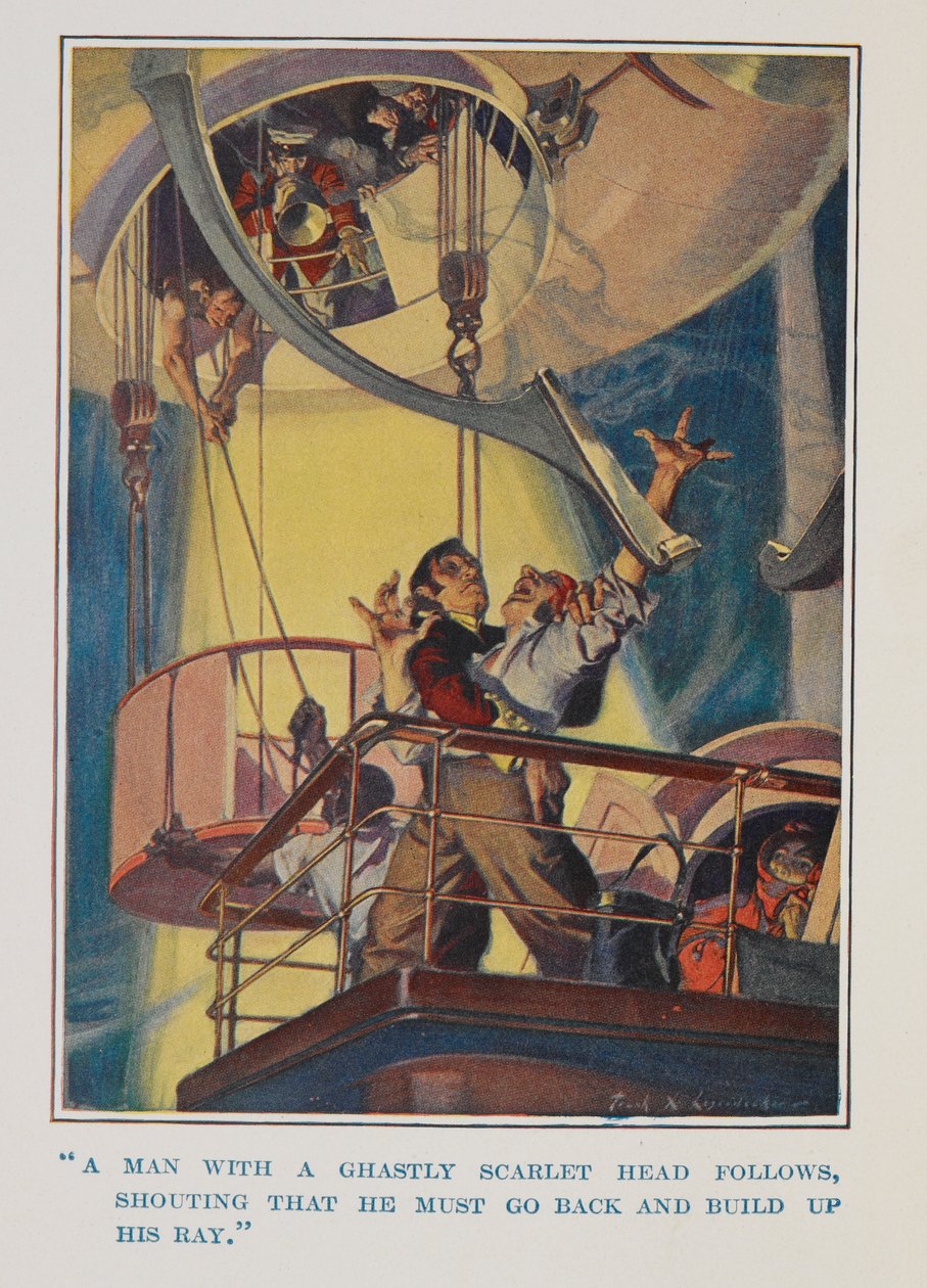 "En mand med et rædselsfuldt hoved følger efter og råber, at han skal gå tilbage og bygge sin stråle op" af Frank Xavier Leyendecker
