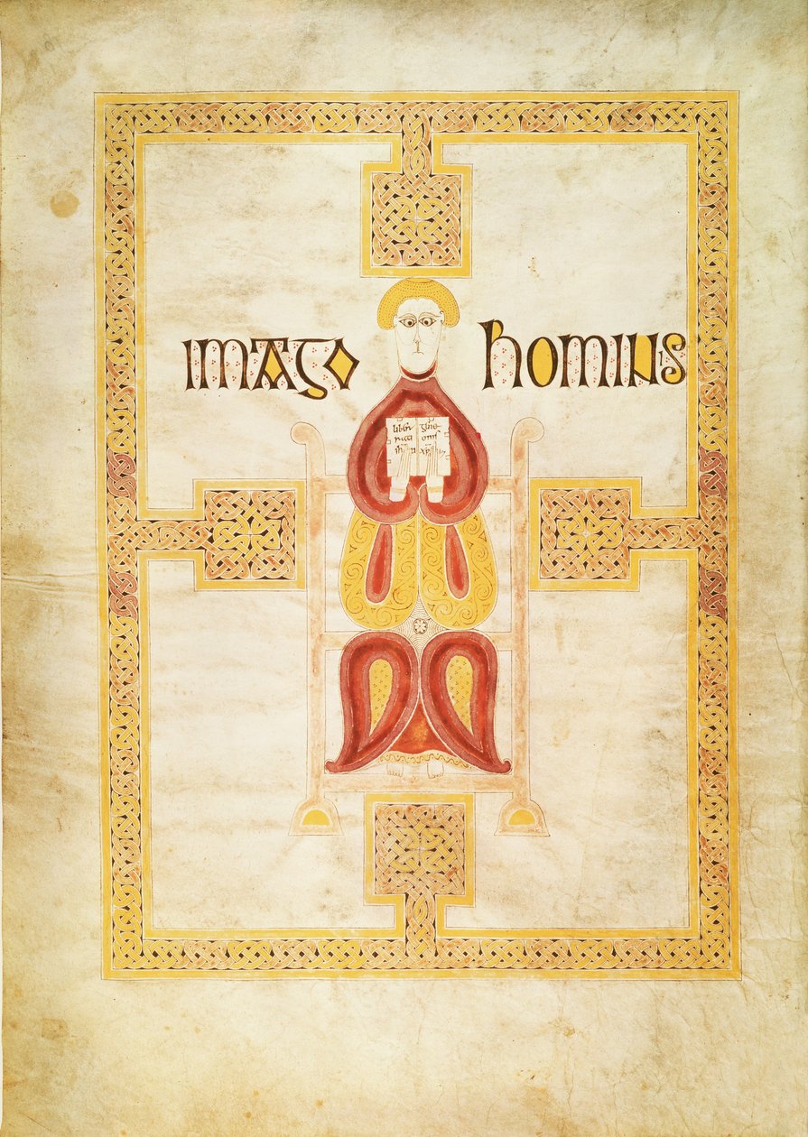 Lat 9389 f.18v Symbol for Matthæus, `Imago Hominus, Lindisfarne, fra Echternach Gospel Book, c.700 af Frankish School