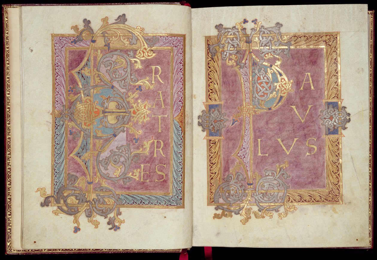 Ms McClean 30, ff.2v-3r: Indledende sider indrammet med Acanthus-blade, fra Reichenau Epistolary, slutningen af det 10. århundrede (guldblæk & tempera på pergament) af Frankish School
