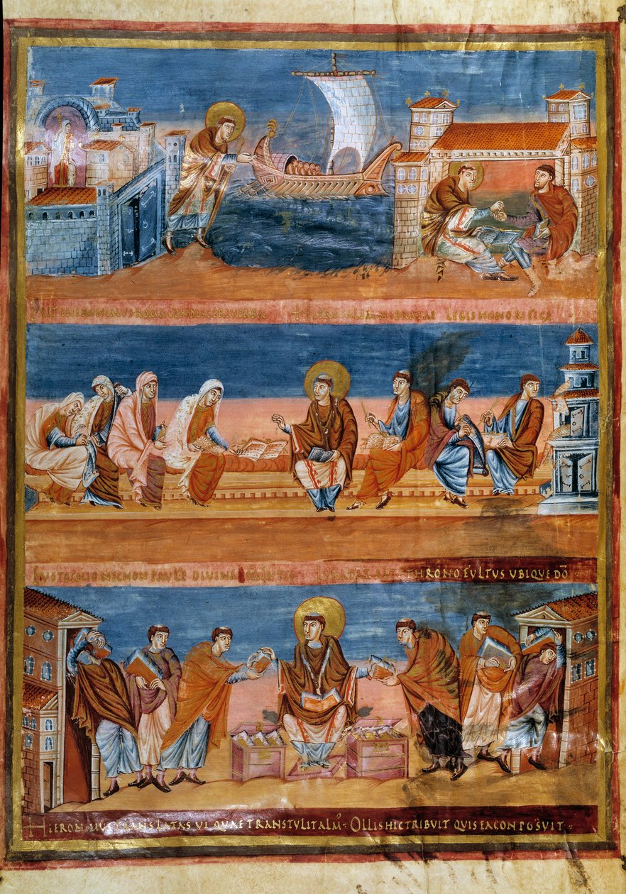 Sankt Hieronymus forlader Rom og betaler sin lærer i Jerusalem (øverst), arbejder med sine skriftlærde (i midten) og distribuerer Vulgata (nederst). Miniature i "" Første bibel af Karl den Skaldede, også kendt som Bibelen om Vivien"" (Folio 3v), 845-846. B af Frankish School