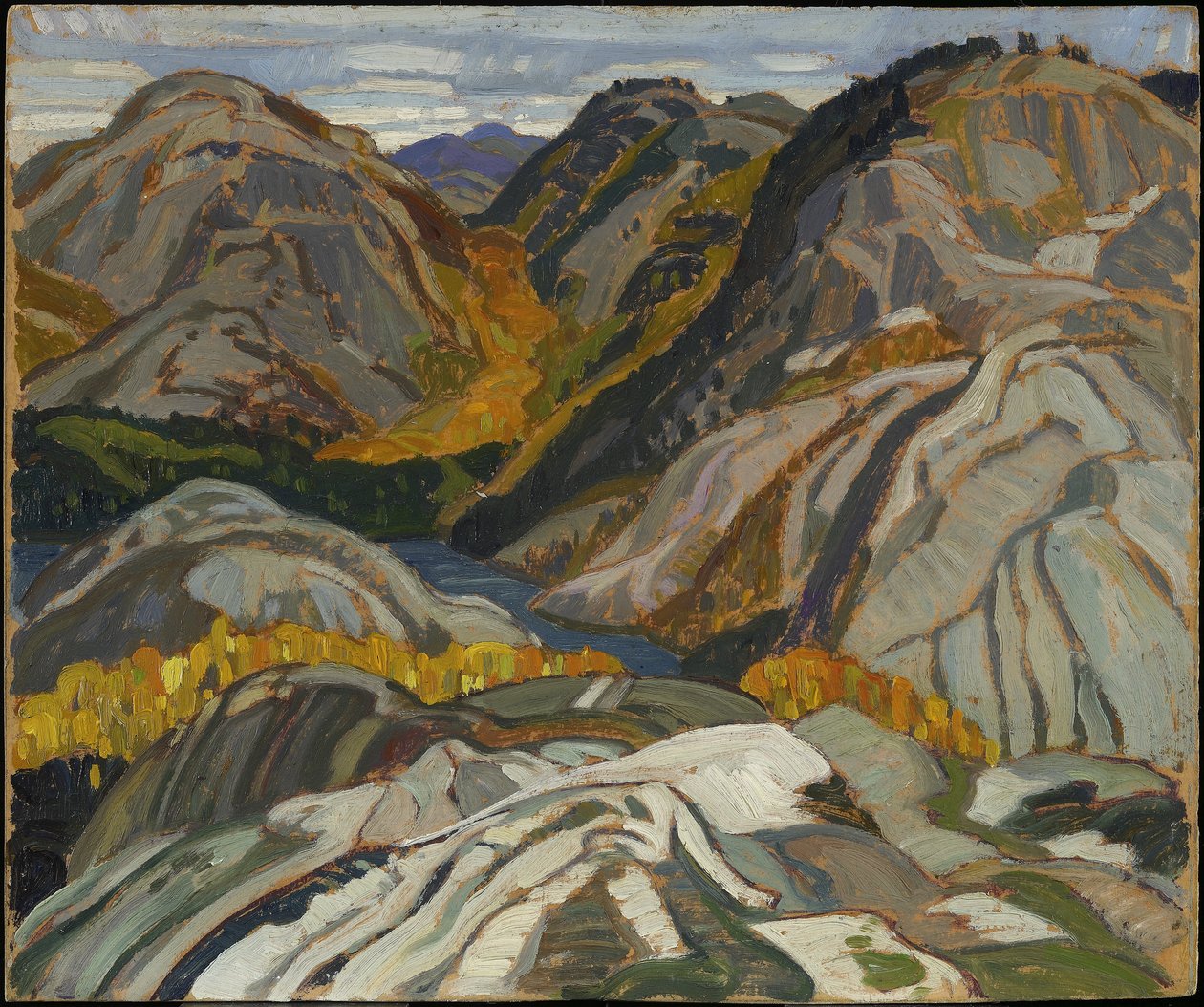 La Cloche Hills, Rocks and Stream, 1932 (olie på lamineret pap) af Franklin Carmichael