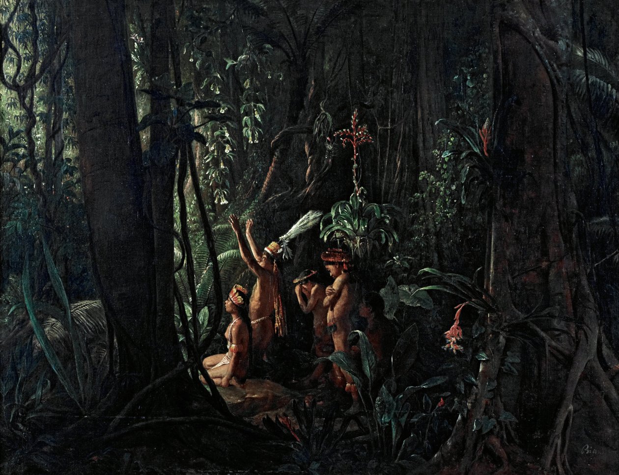 Amazonas indianere tilbeder solguden af François Auguste Biard