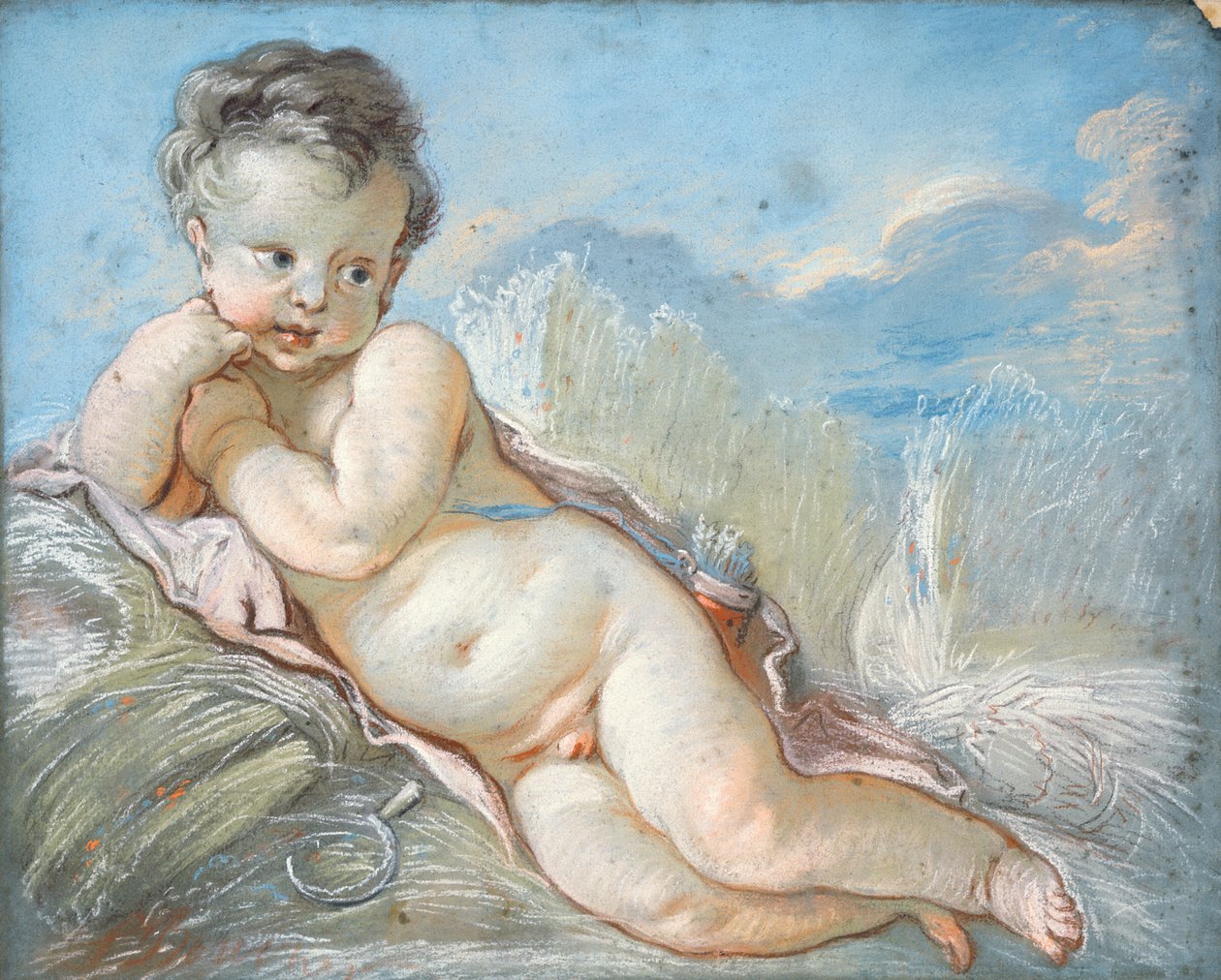 Amor ligger i en kornmark (kridt og pastel) af François Boucher