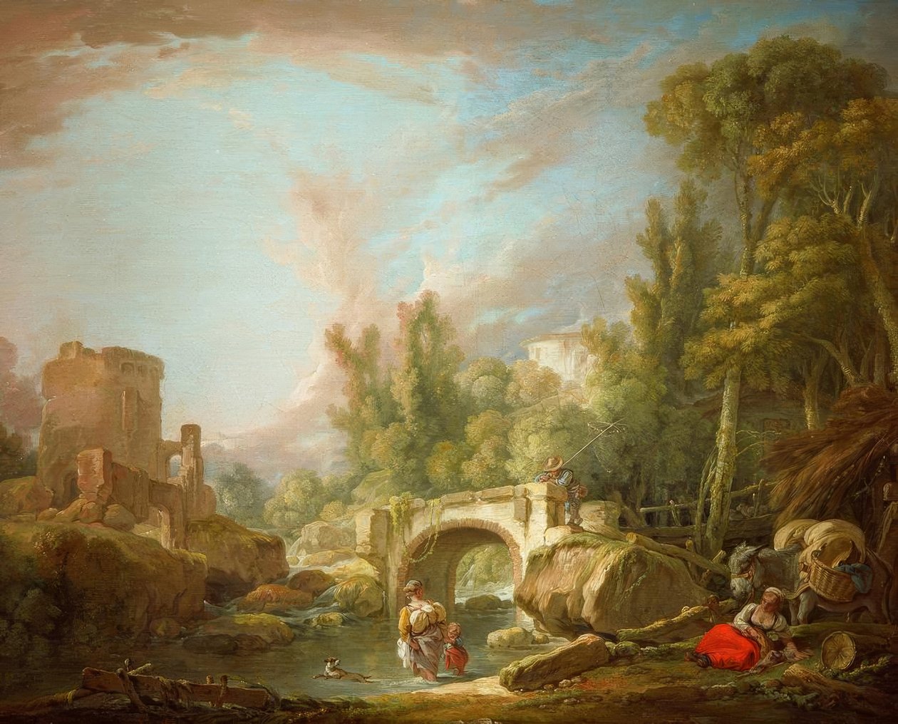 Flodlandskab med ruiner og bro af François Boucher
