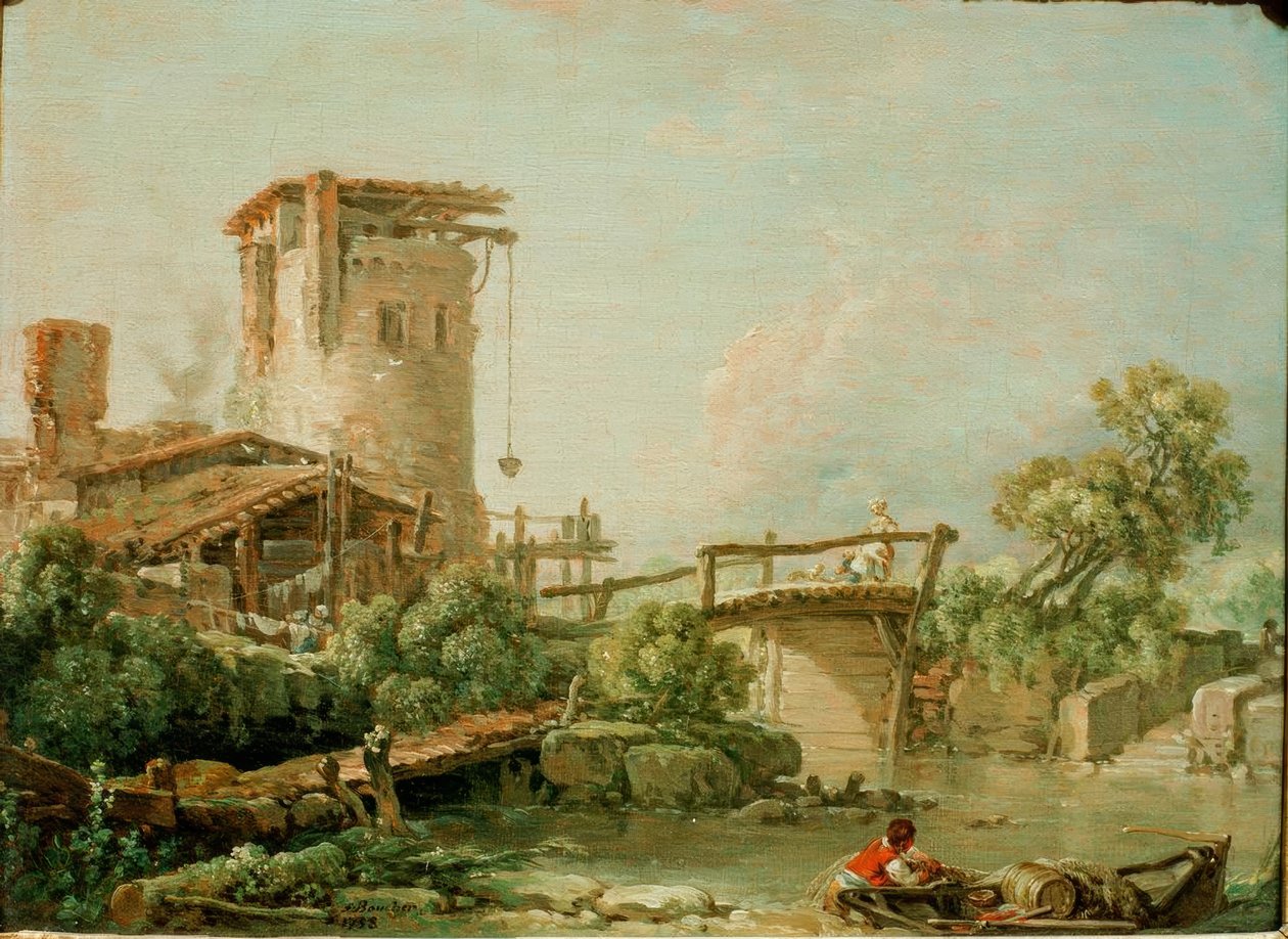 Landskab med tårn og bro af François Boucher