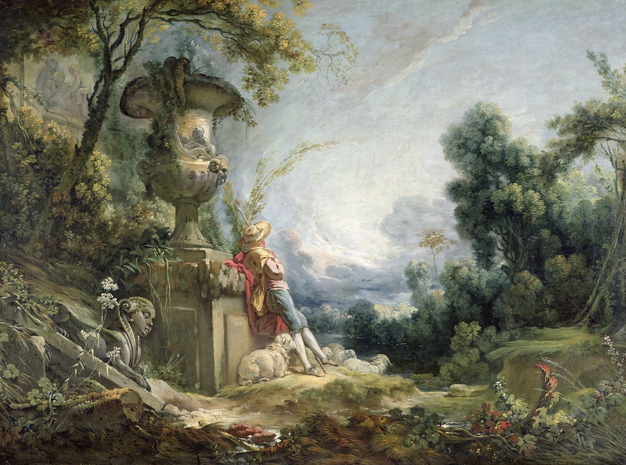 Pastoral scene eller ung hyrde i et landskab af François Boucher