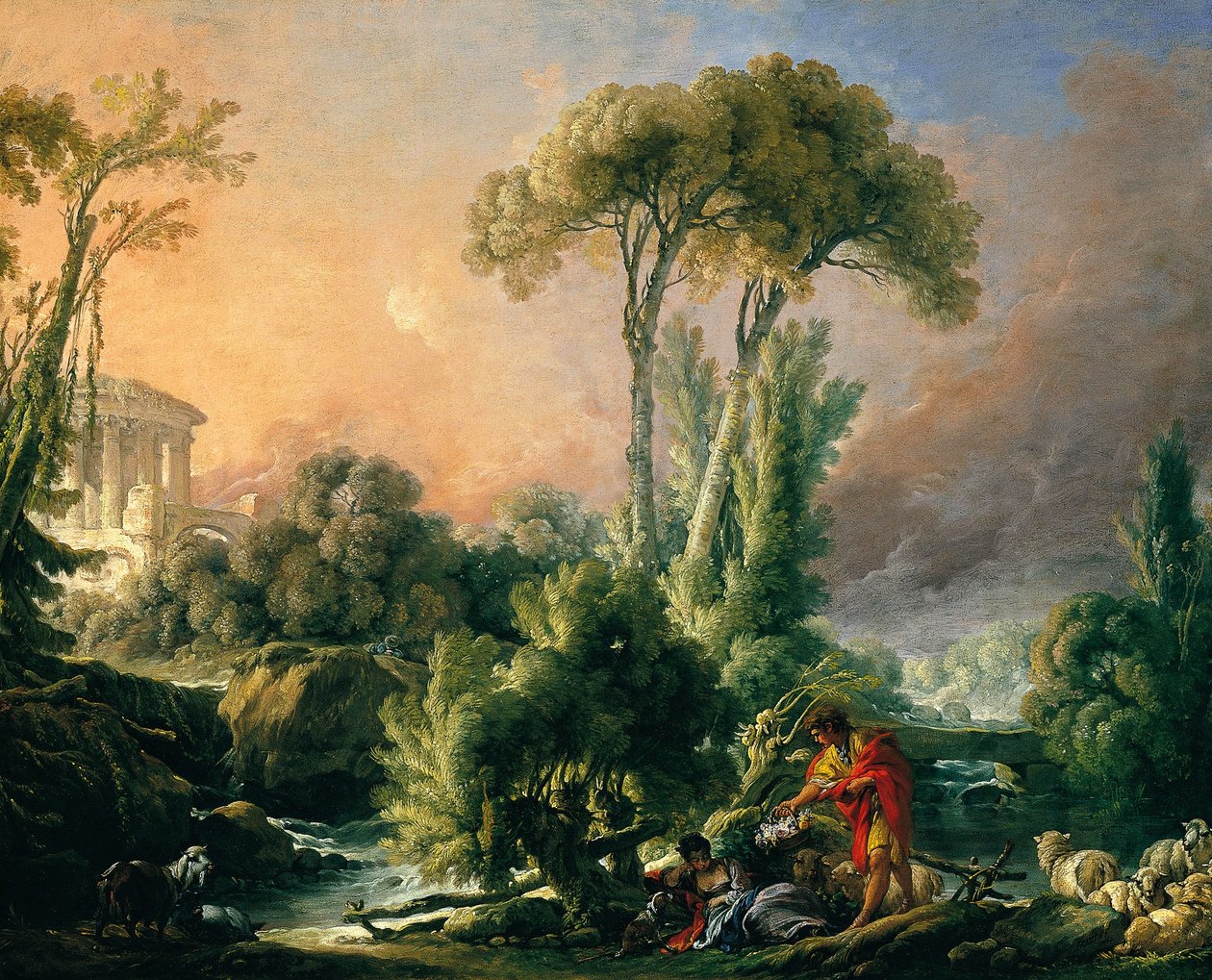 Flodlandskab med gammelt tempel af François Boucher