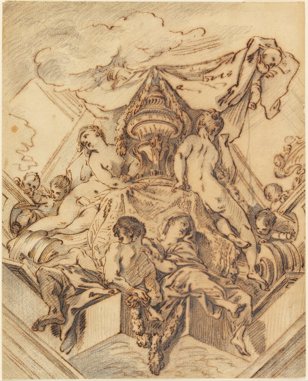 Projekt til et hjørnemotiv af et malet loft af François Boucher