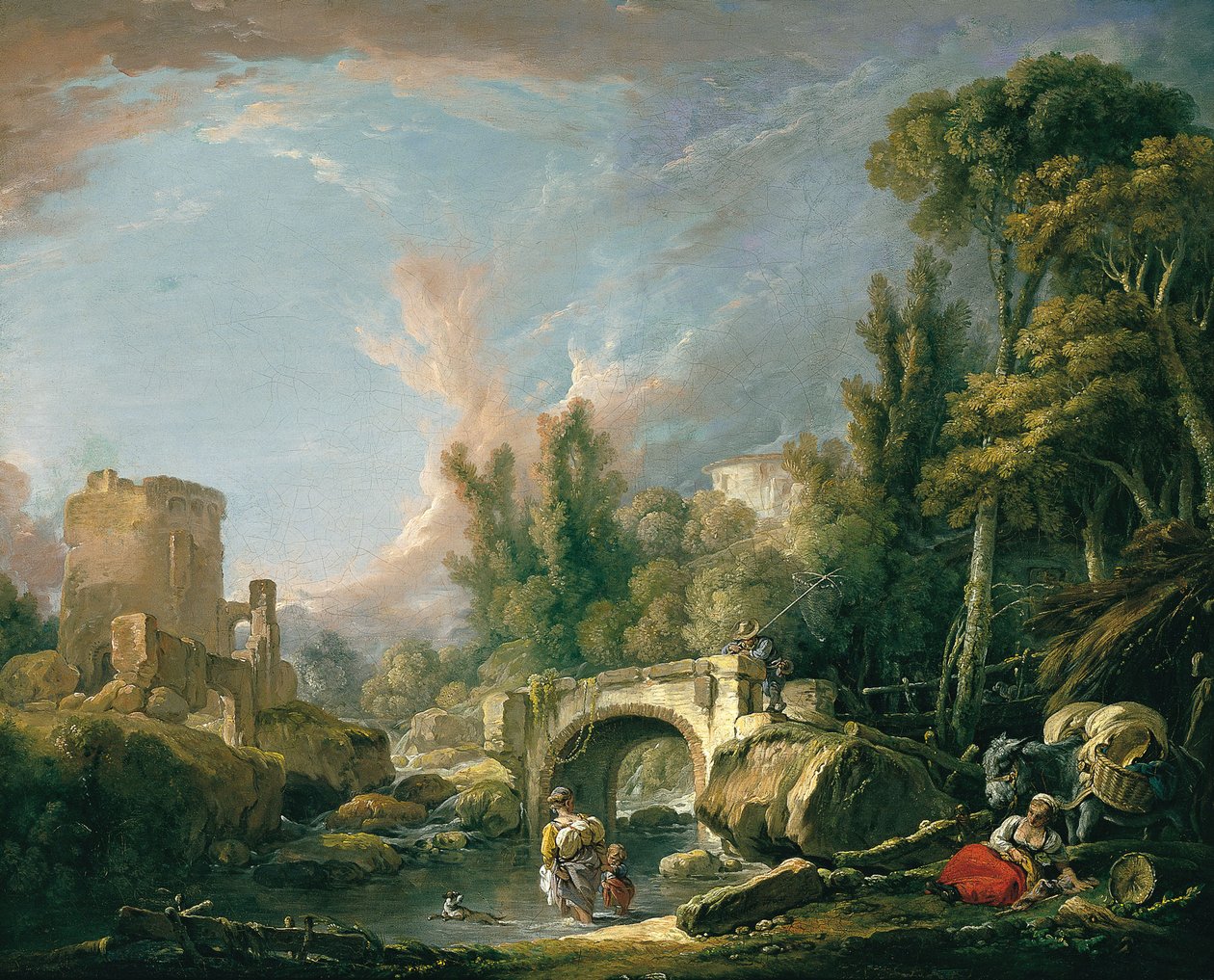 Flodlandskab med ruin og bro af François Boucher