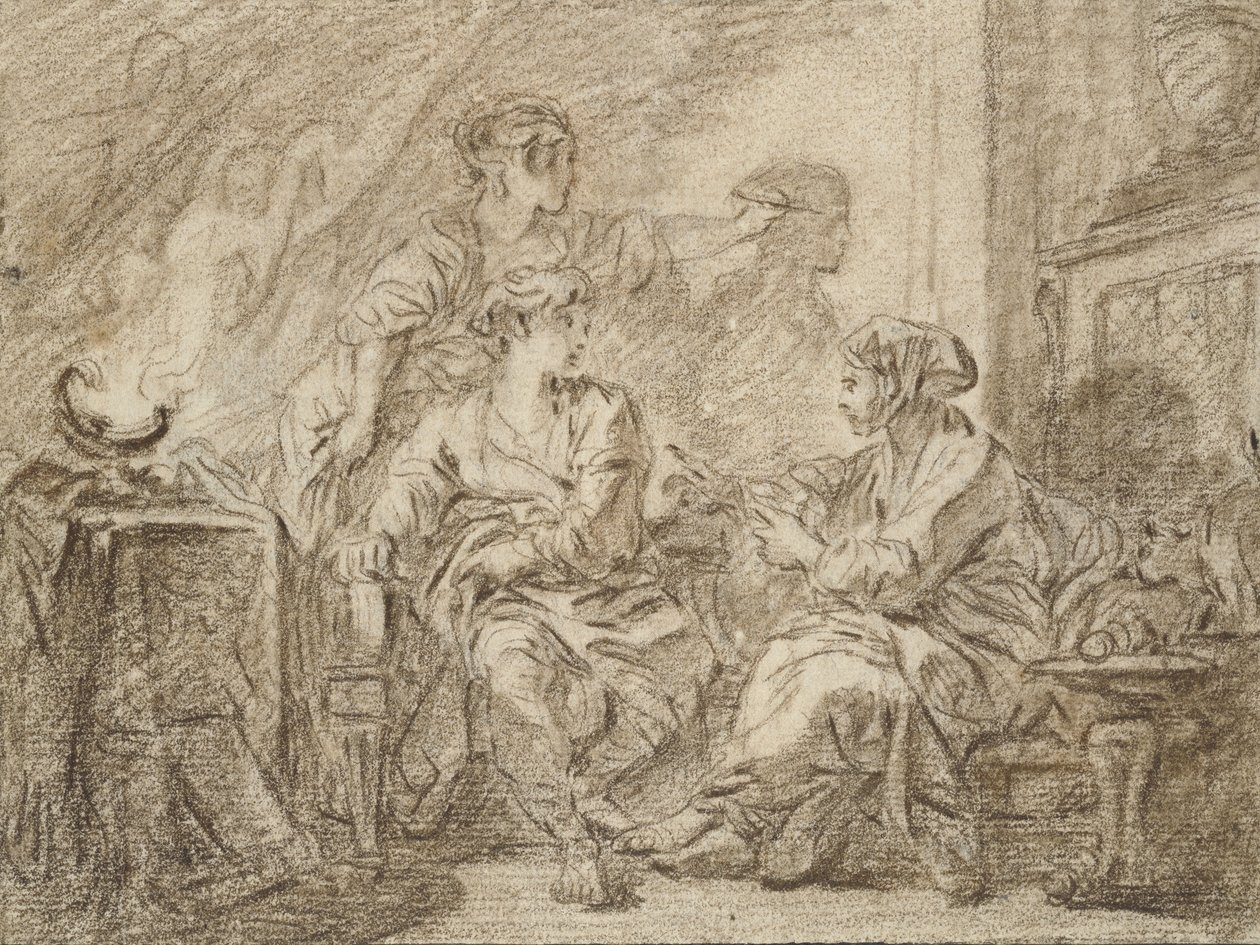 The Invention of Drawing (brunt kridt på råhvidt papir kantet med sort blæk) af François Boucher