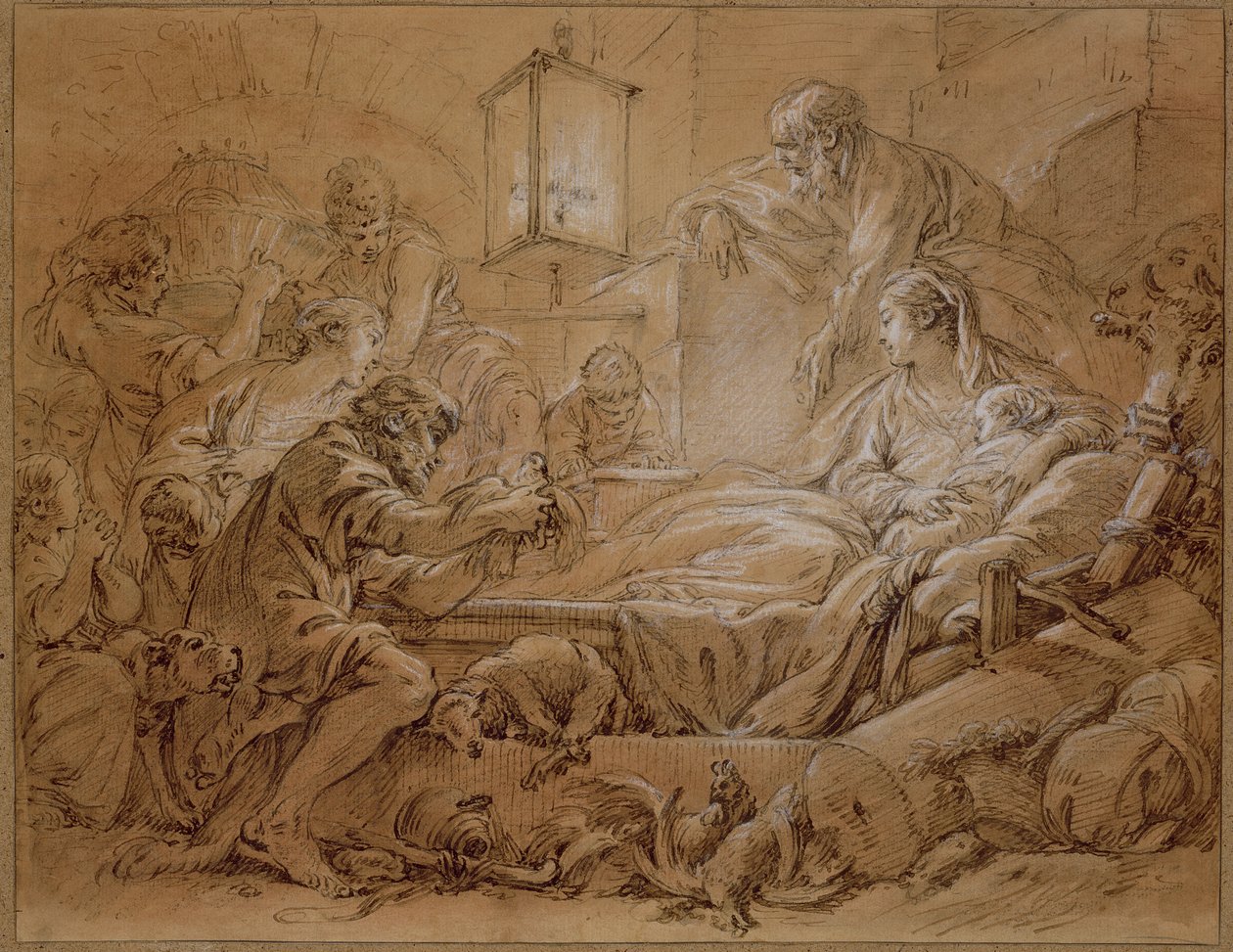 The Nativity (pen og blæk vasket med hvidt på papir) af François Boucher