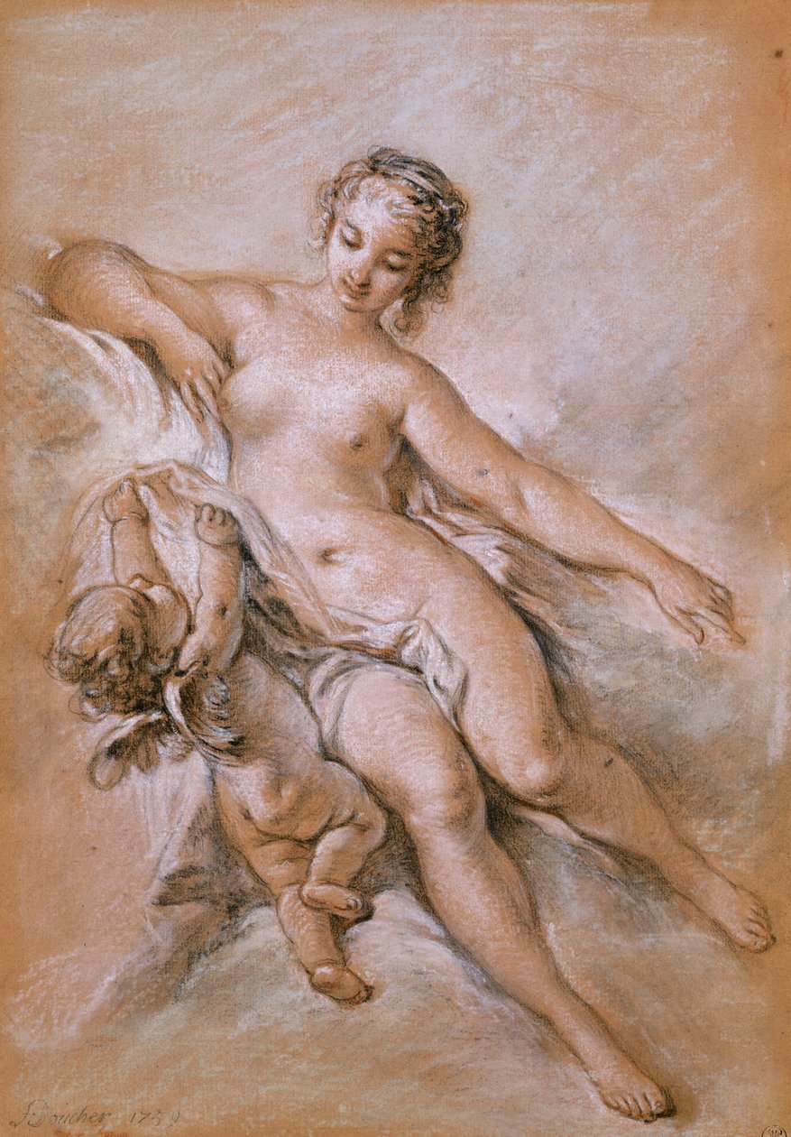 Venus og Amor (blyant og kridt på papir) af François Boucher