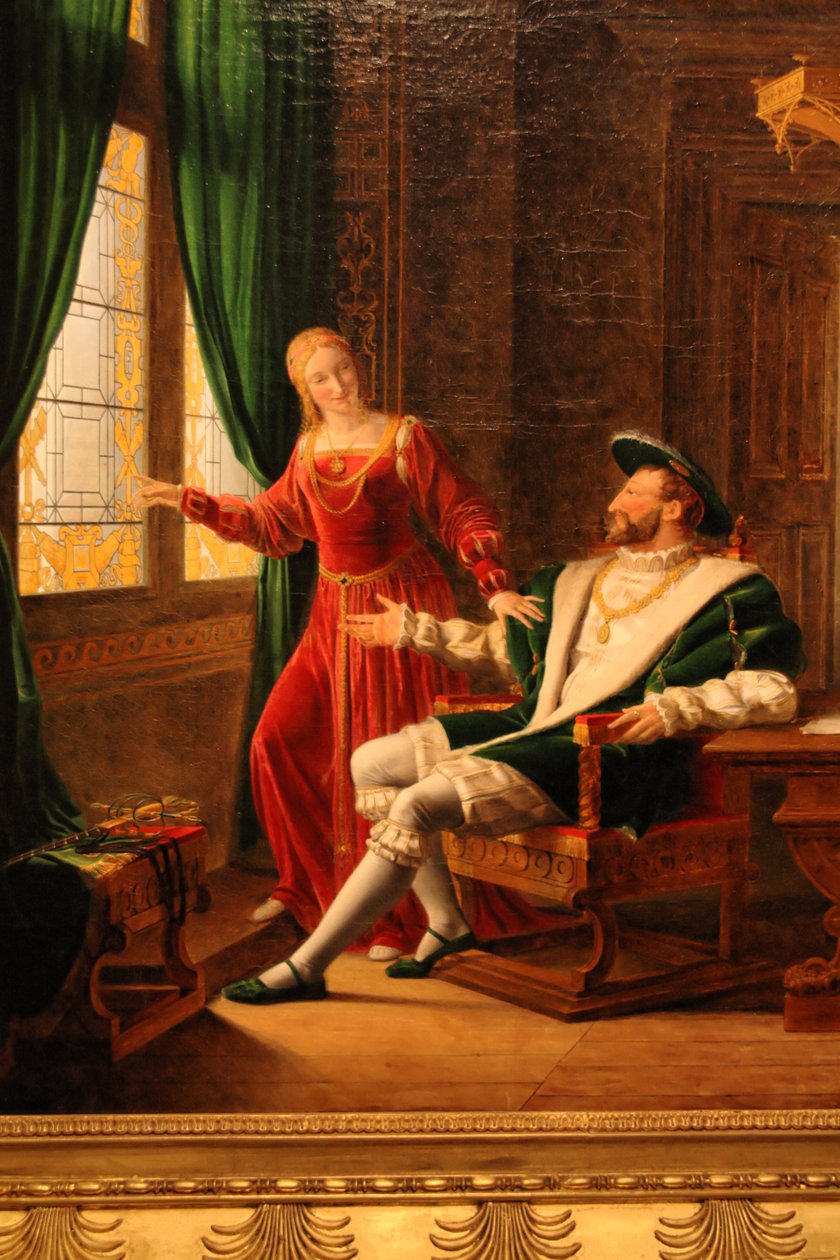 Francis I viser sin søster Marguerite de Navarre de vers, han lige har skrevet på et glas med sin diamant af François Fleury Richard