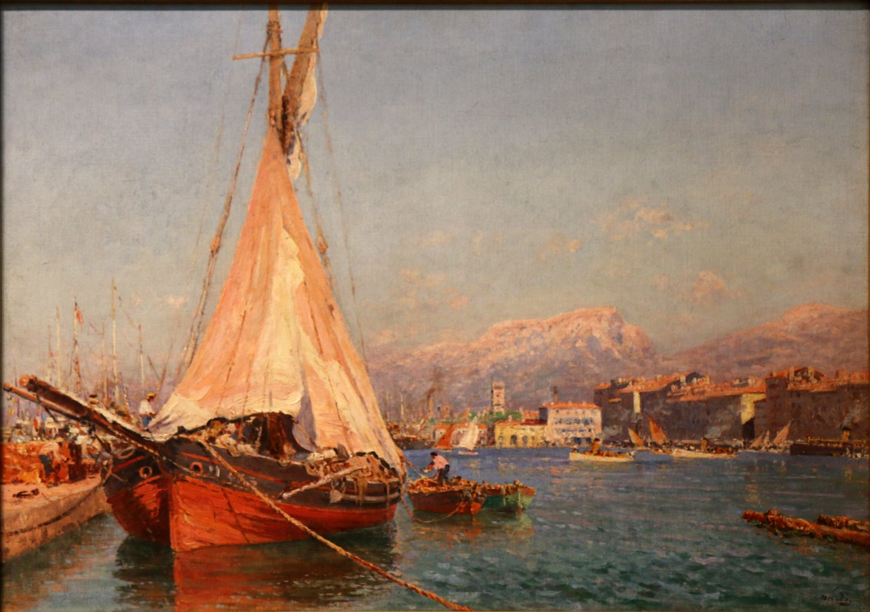 Rød tartan i bunden af ​​havnen og kajen i skabet. af Francois Nardi