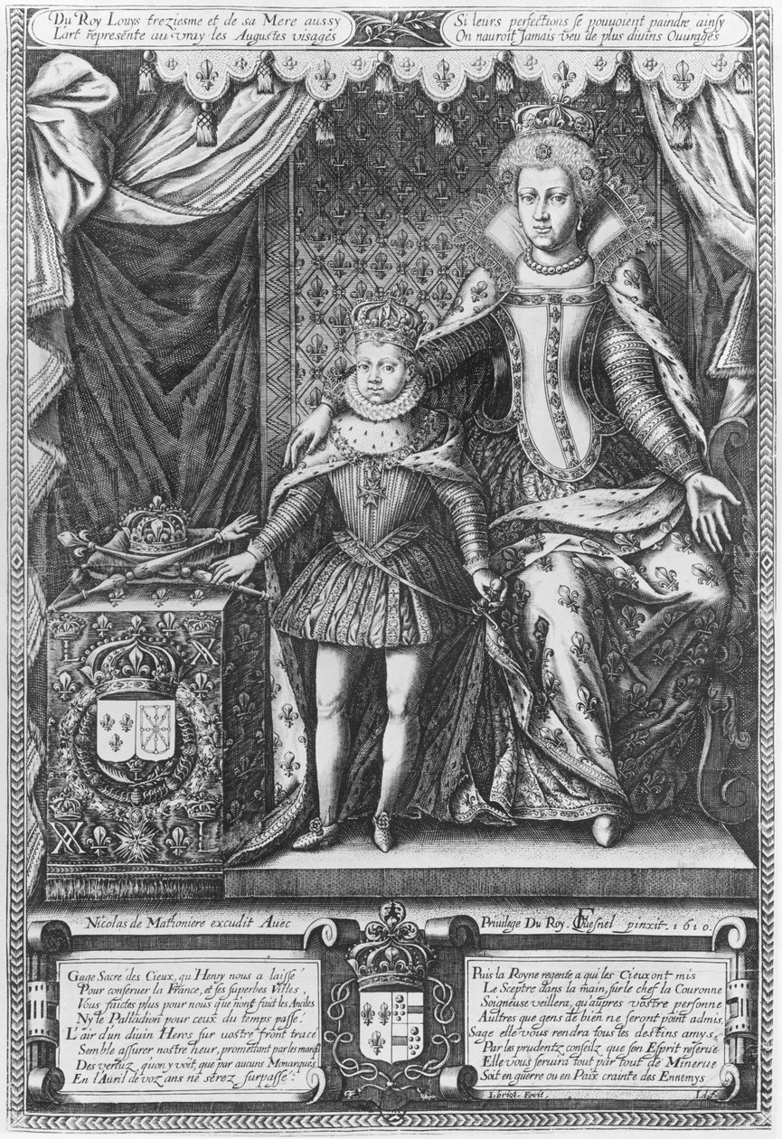 Dronning Marie de Medicis og Ludvig XIII som barn, graveret af Nicolas de Mathoniere (fl.1600-22) 1610 af François Quesnel