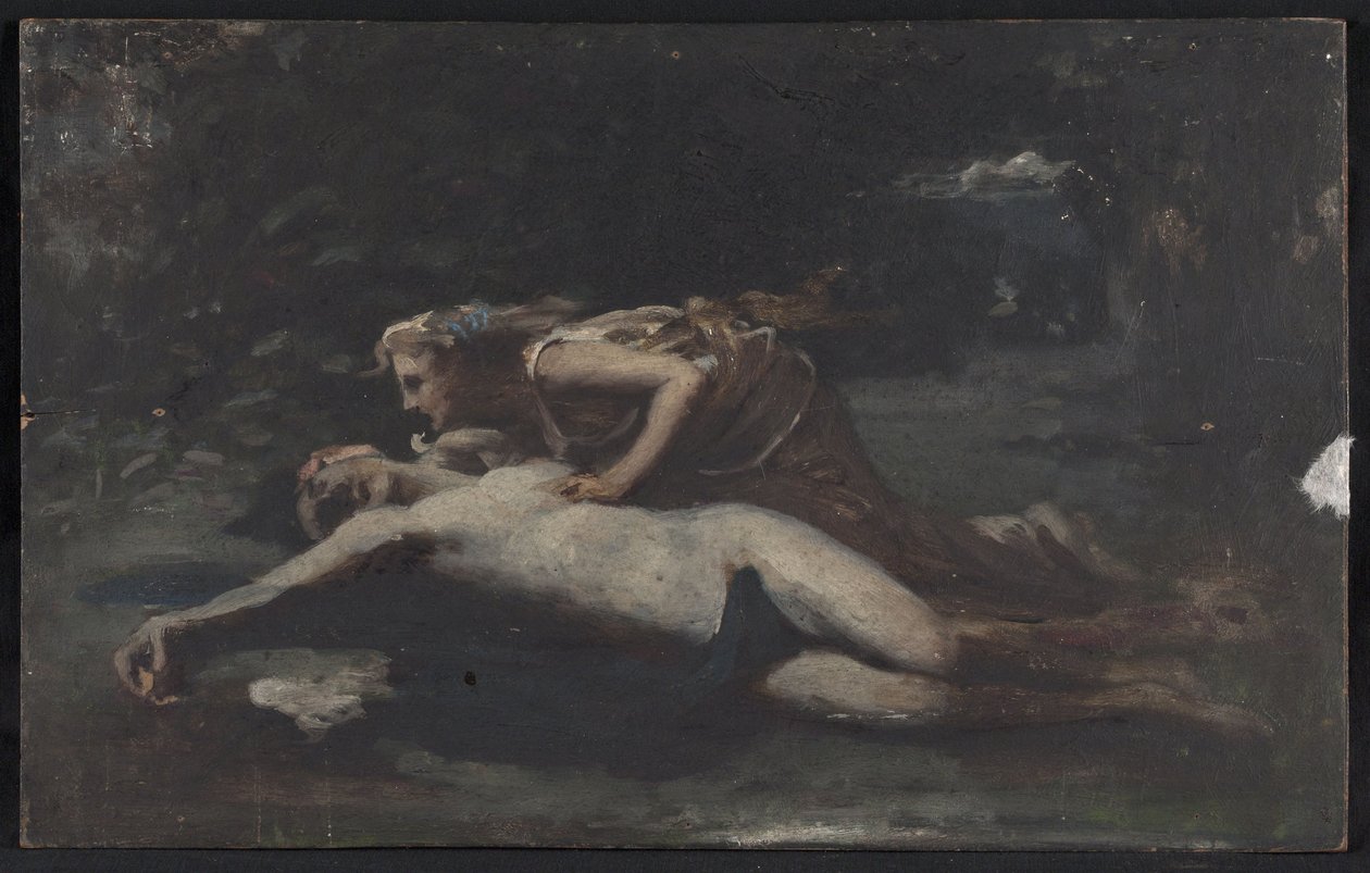 Pyramus og Thisbe, ca. 1875 (olie på træ) af François Alfred Delobbe