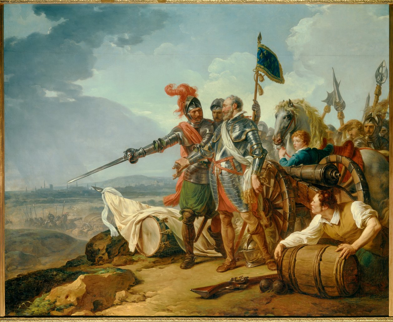 Religionskrig: "Kong Henrik IV bringer mad ind i Paris i august 1590" Kong Henrik IV (1553-1610) nær Paris under belejringen af byen i 1590 leverer sultende parisere. Maleri af Francois Andre Vincent (1746-1816) 1783 søn. 1,57x1,92 m af François André Vincent