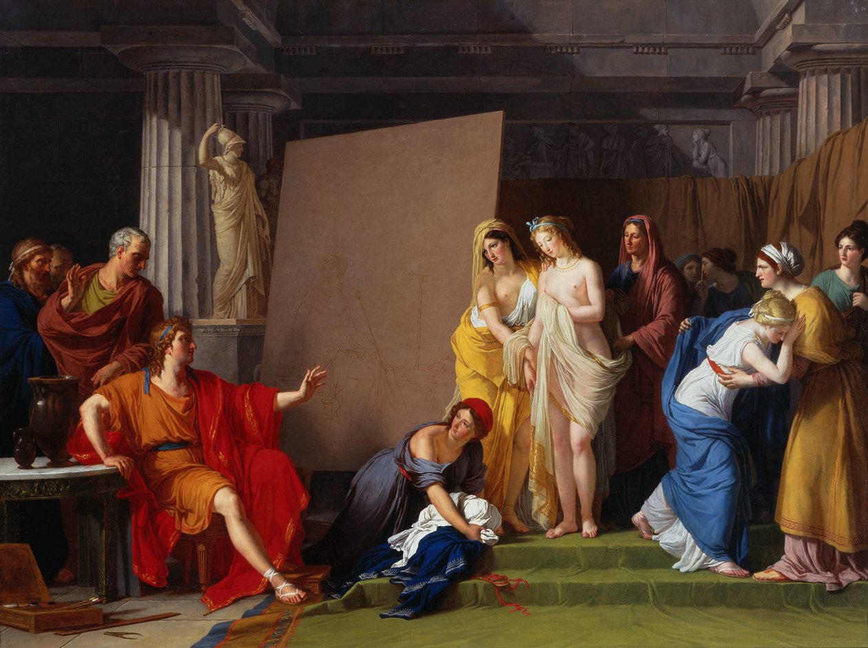 Zeuxis vælger sine modeller til billedet af Helen blandt pigerne fra Croton, ca. 1790. af François André Vincent