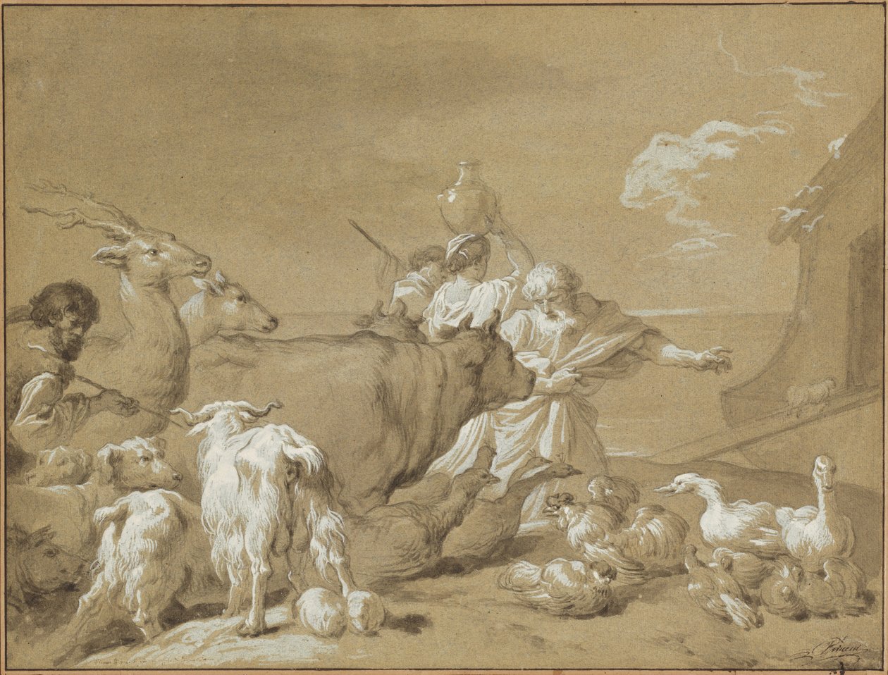 Noah, der fører dyrene ind i arken af François André Vincent after Giovanni Benedetto Castiglione