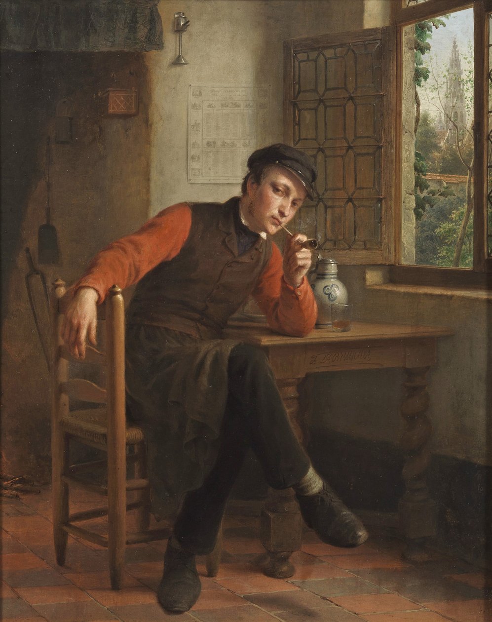 François Antoine De Bruycker - Ung mand ryger pibe i et saloninteriør af François Antoine de Bruycker