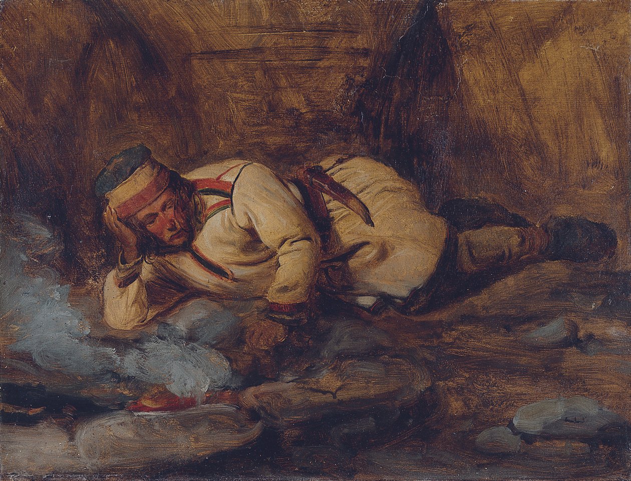 En Laplander, der sover ved en Ild af François Auguste Biard