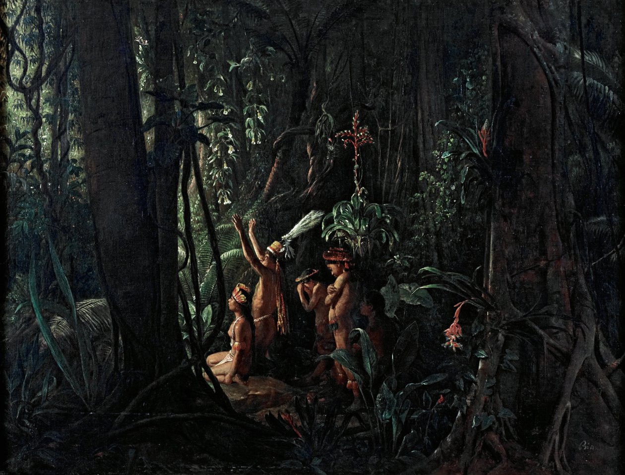 Amazonas indianere tilbeder solguden af François Auguste Biard