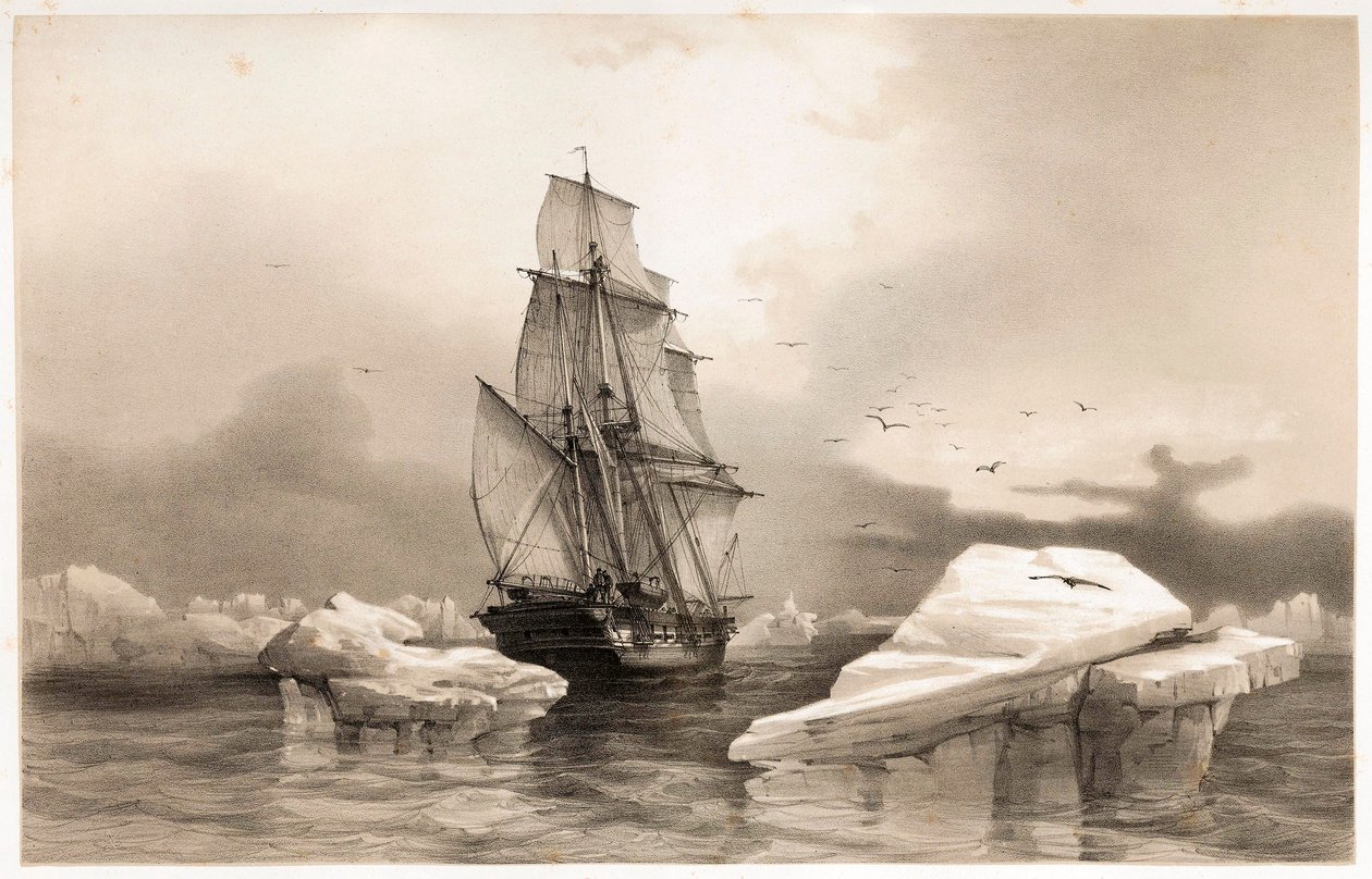 Corvette La Recherche nær Bear Island den 7. august, 1838, fra Voyages en Scandinavia, 1852. af François Auguste Biard