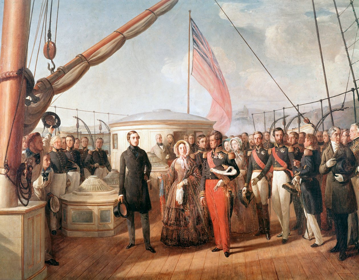 Interview mellem Victoria, dronning af England og Louis-Philipp, konge af Frankrig, om bord på yachten Victoria og Albert, ud for Treport, 2. september 1843 (Detaljemaleri af François Auguste Biard