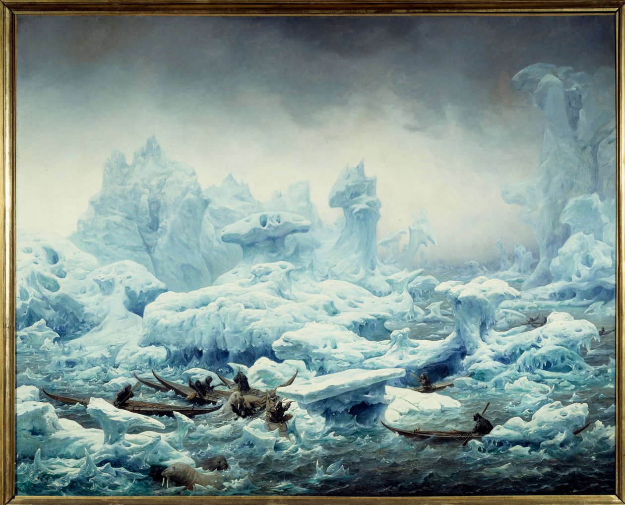 Udsigt over det iskolde hav, hvalrosfiskeri af grønlænderne Maleri af Francois Auguste Biard (1799-1882) 1841 Søn. 1,3x1,63 m Dieppe, musee du chateau - Fiskeri efter hvalros i det arktiske hav. Udsigt over Polarhavet, grønlændere på jagt på hvalros. Maler af François Auguste Biard