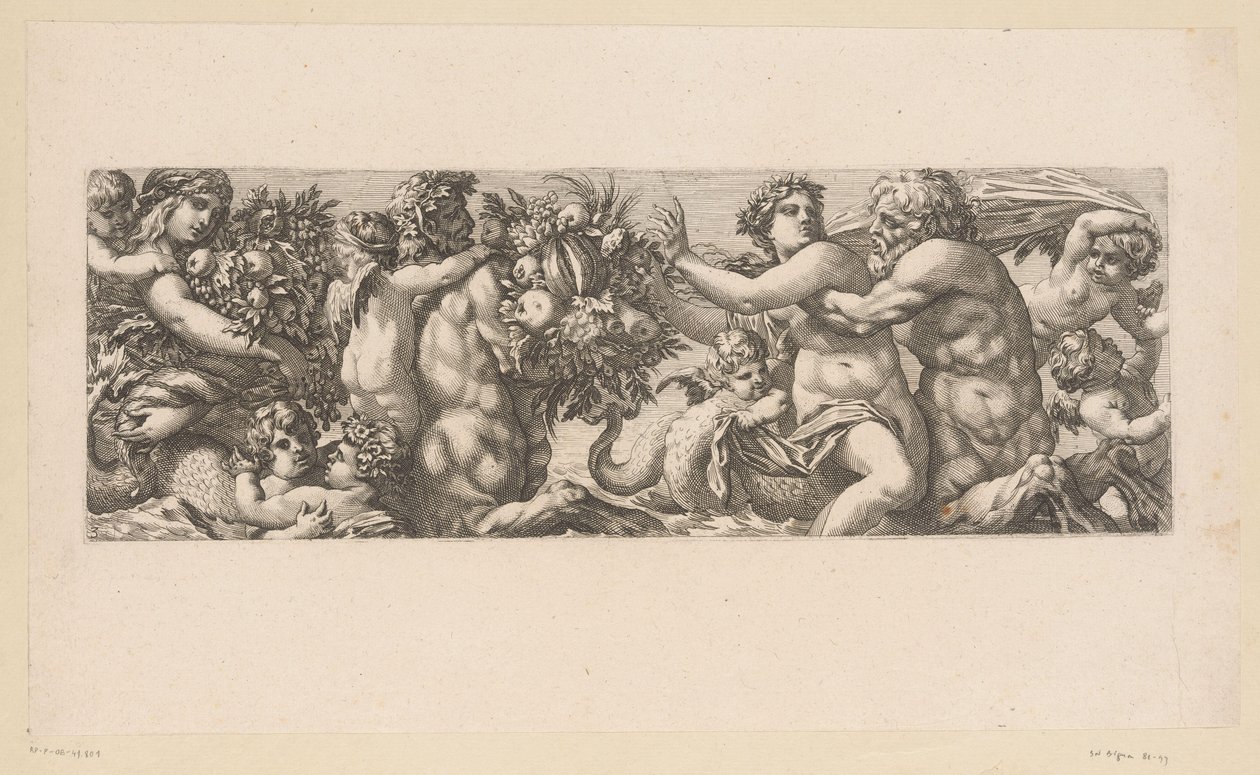 Bacchus med satyrer og nereider i vandet Mytologiske figurer ved vandet (serietitel) af François Bignon (attributed to)