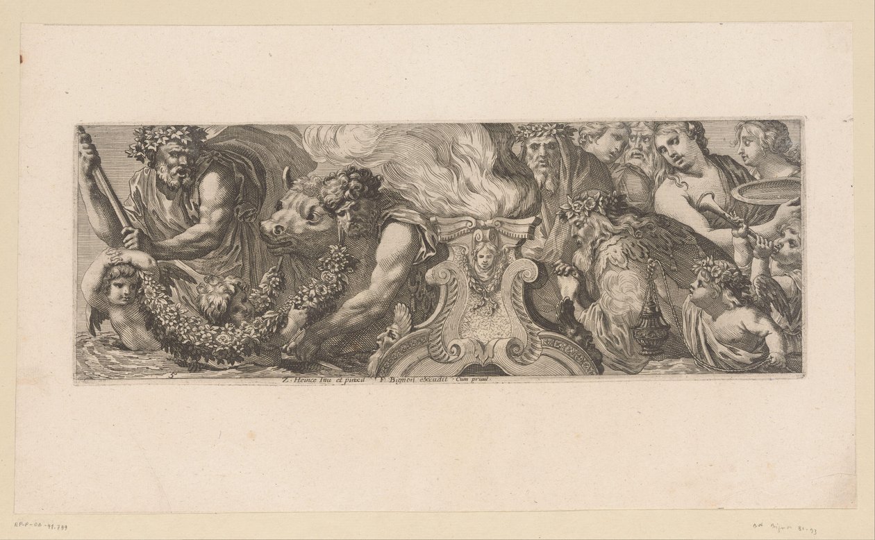Mytologisk scene med guder i tilbedelse omkring et alter i vandet Mytologiske figurer ved vandet (serietitel) af François Bignon