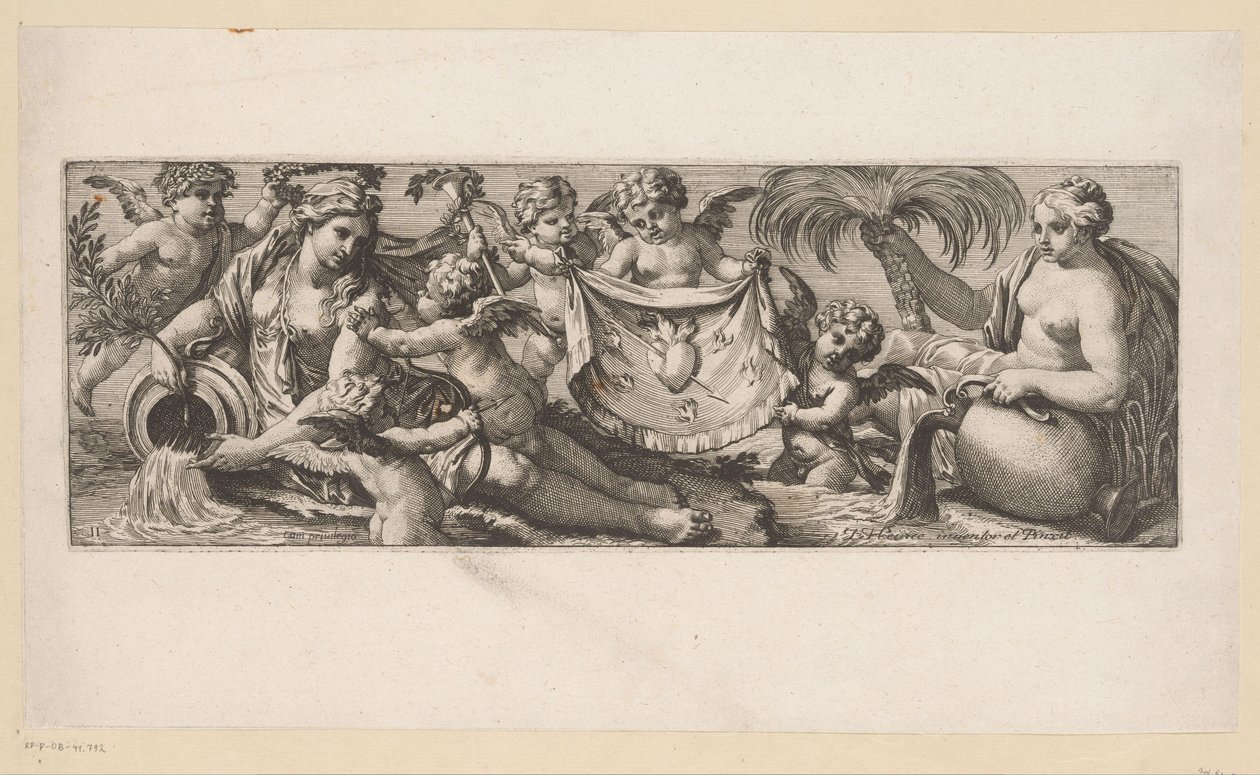 Putto med et brændende hjerte og gennemboret af nogle vandnymfer Mytologiske figurer ved vandet (serietitel) af François Bignon