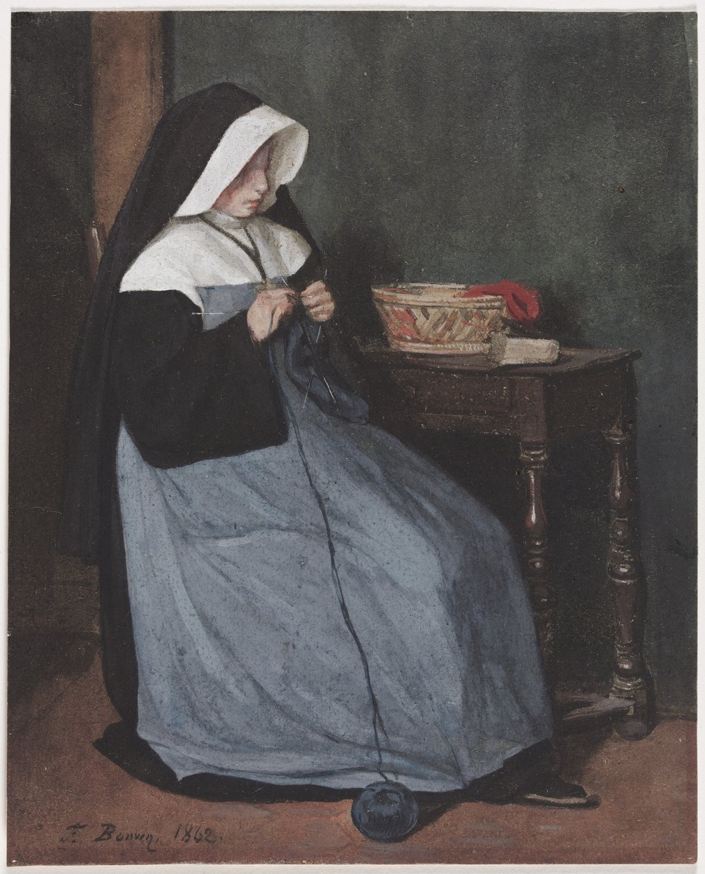 En nonne siddende ved et bordstrikning, 1862. af François Bonvin