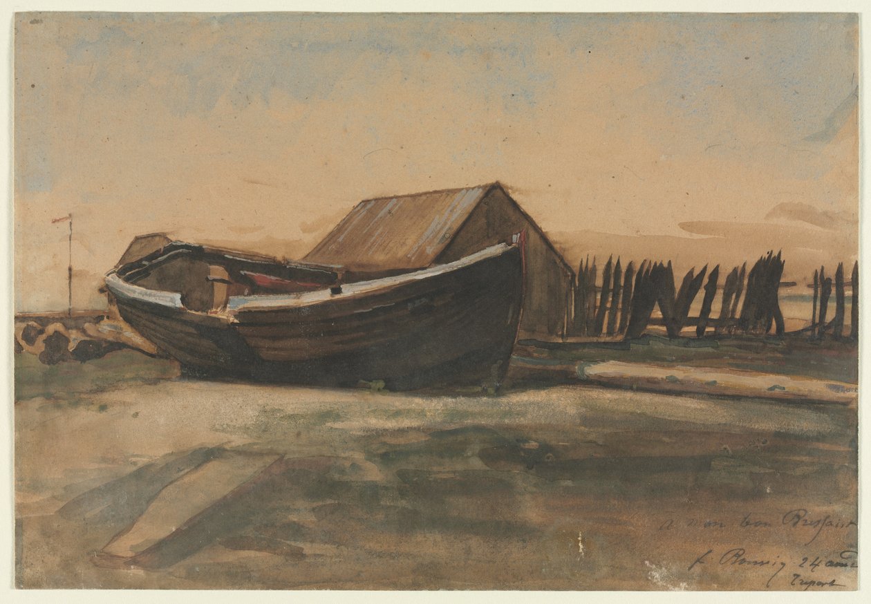 Båd på en strand, Le Treport, 1854. af François Bonvin