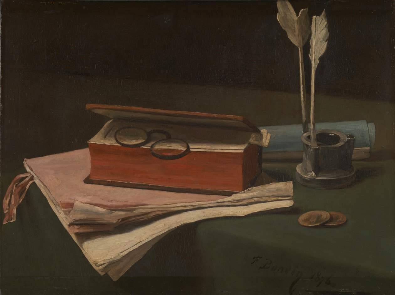 Stilleben med bog, papirer og blækhus, 1876 af François Bonvin