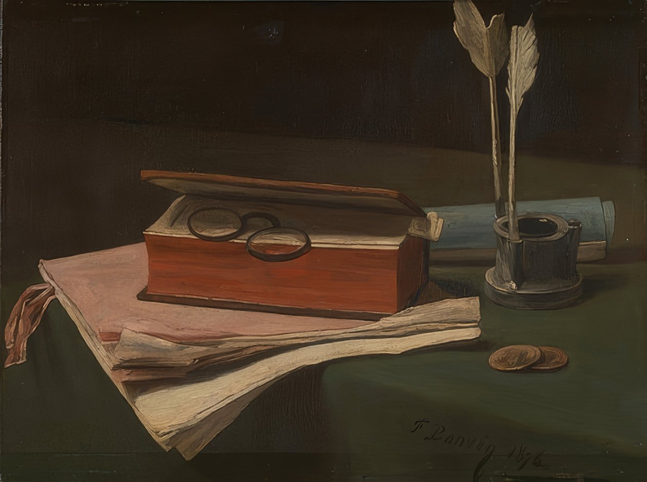 Stilleben med bog, papirer og blækhus. 1876 af François Bonvin