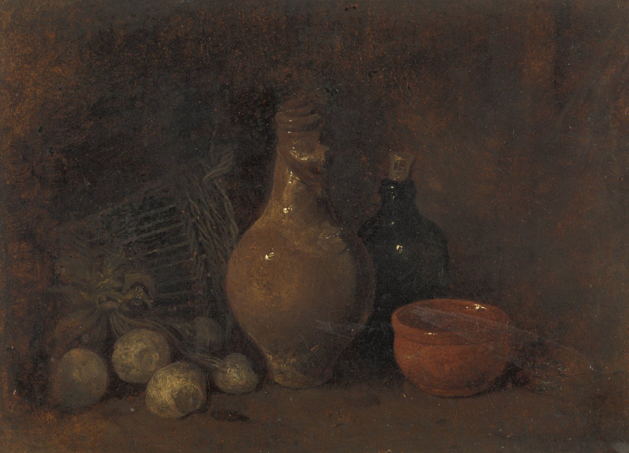 Stilleben med fire frugter, glas og keramik af François Bonvin