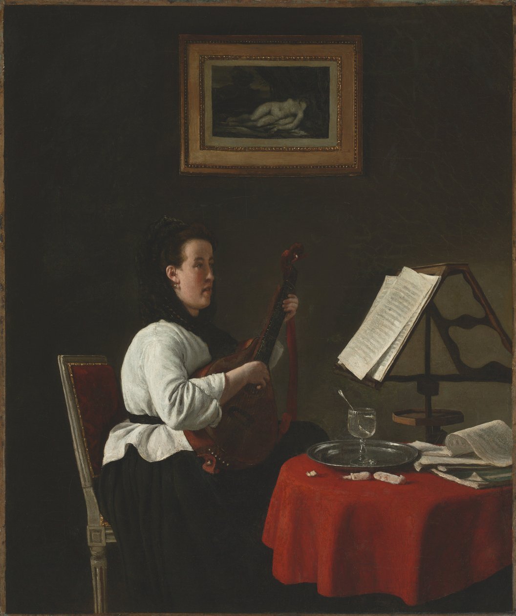 Ung kvinde med mandolin, portræt af Louison Köhler, ca. 1873-1874. af François Bonvin